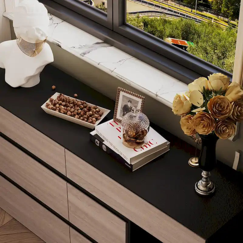 6-Drawer Storage Cabinet with Wood Grain Fronts and Open Cubby