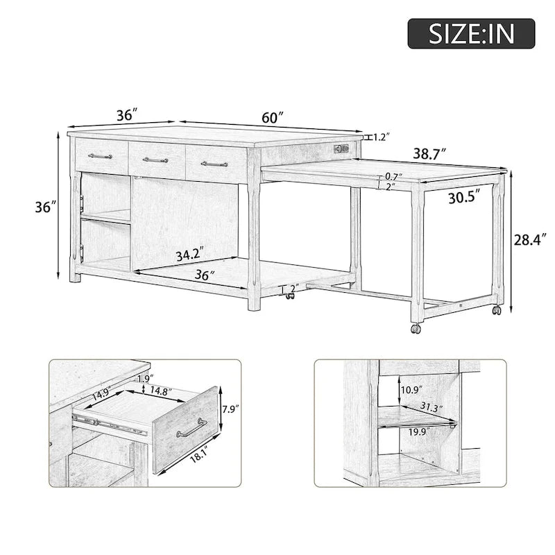 Kitchen Island with Extendable Table, USB Outlets and Storage