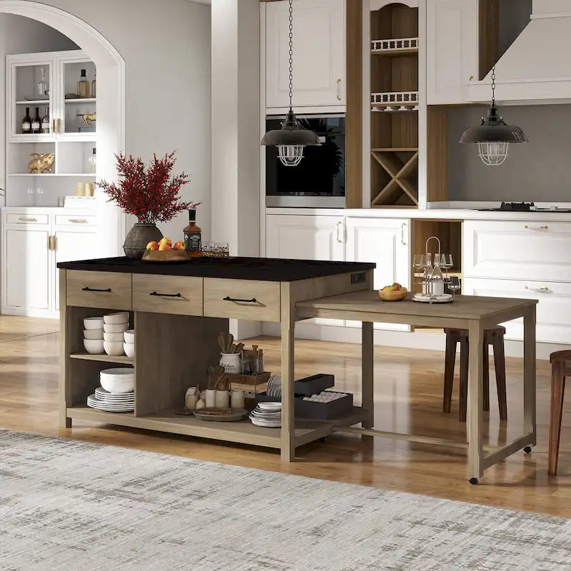Kitchen Island with Extendable Table, USB Outlets and Storage