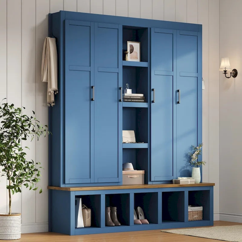 Hall Tree with Bench, 6 Hooks & Shoe Storage, 62.9"W Entryway Organizer