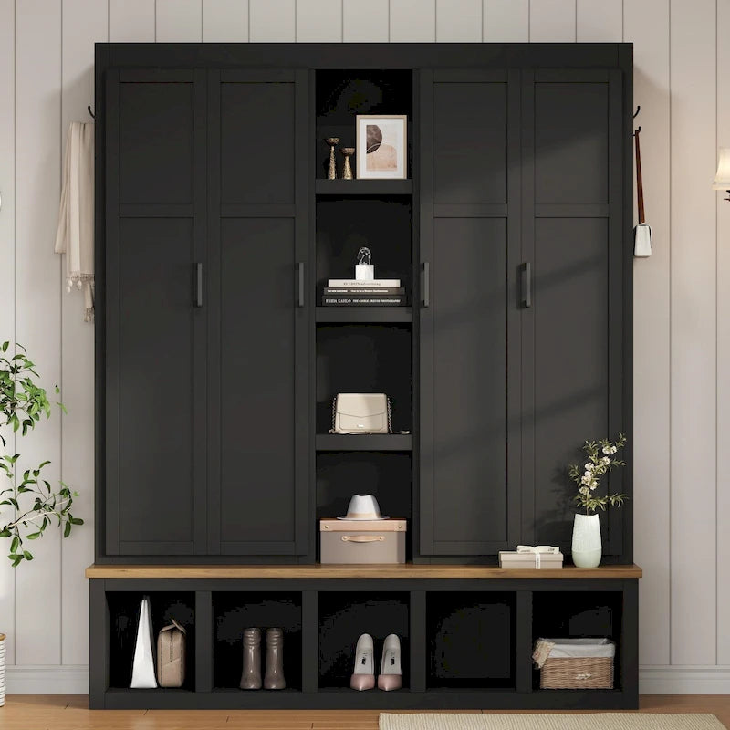 Hall Tree with Bench, 6 Hooks & Shoe Storage, 62.9"W Entryway Organizer