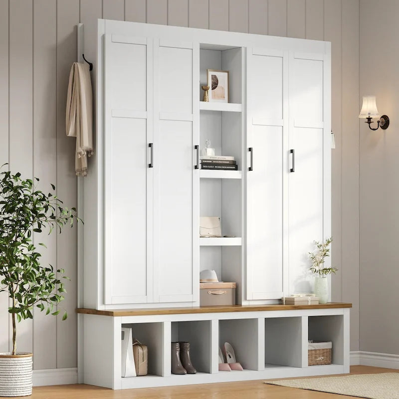 Hall Tree with Bench, 6 Hooks & Shoe Storage, 62.9"W Entryway Organizer