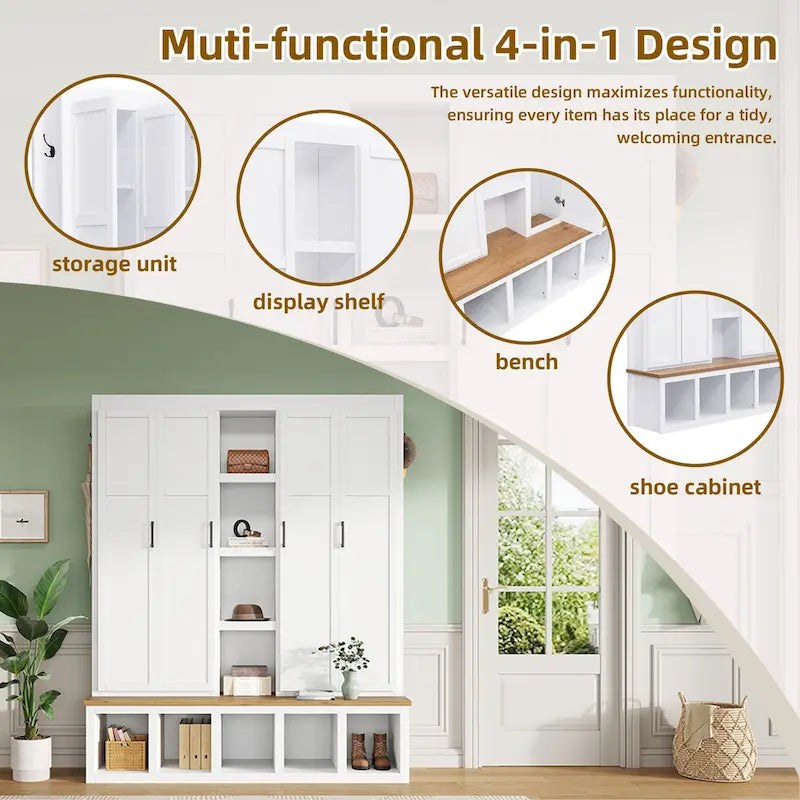 Hall Tree with Bench, 6 Hooks & Shoe Storage, 62.9"W Entryway Organizer