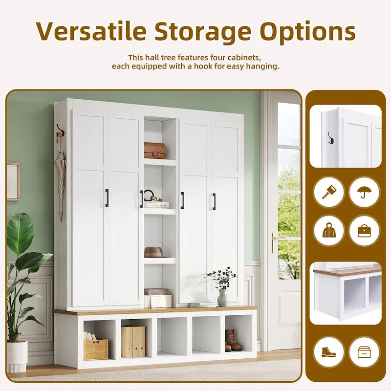 Hall Tree with Bench, 6 Hooks & Shoe Storage, 62.9"W Entryway Organizer