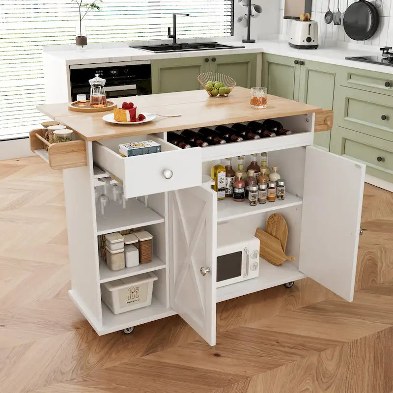 44-Inch Rolling Kitchen Island Cart with Solid Wood Top