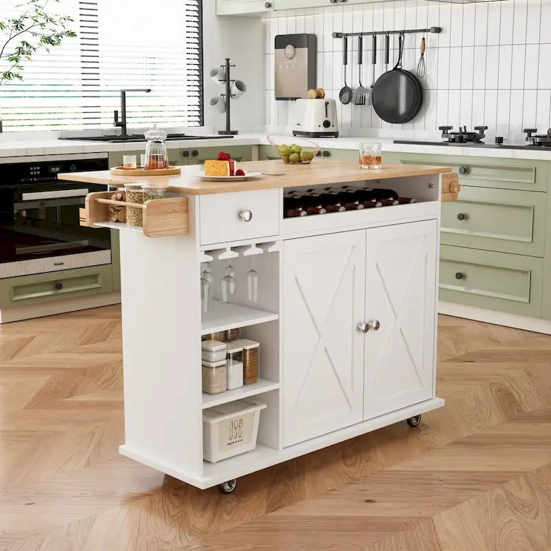 44-Inch Rolling Kitchen Island Cart with Solid Wood Top