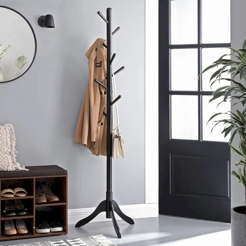 Solid Wood Coat Rack with 8 Hooks, 3-Section Adjustable Height