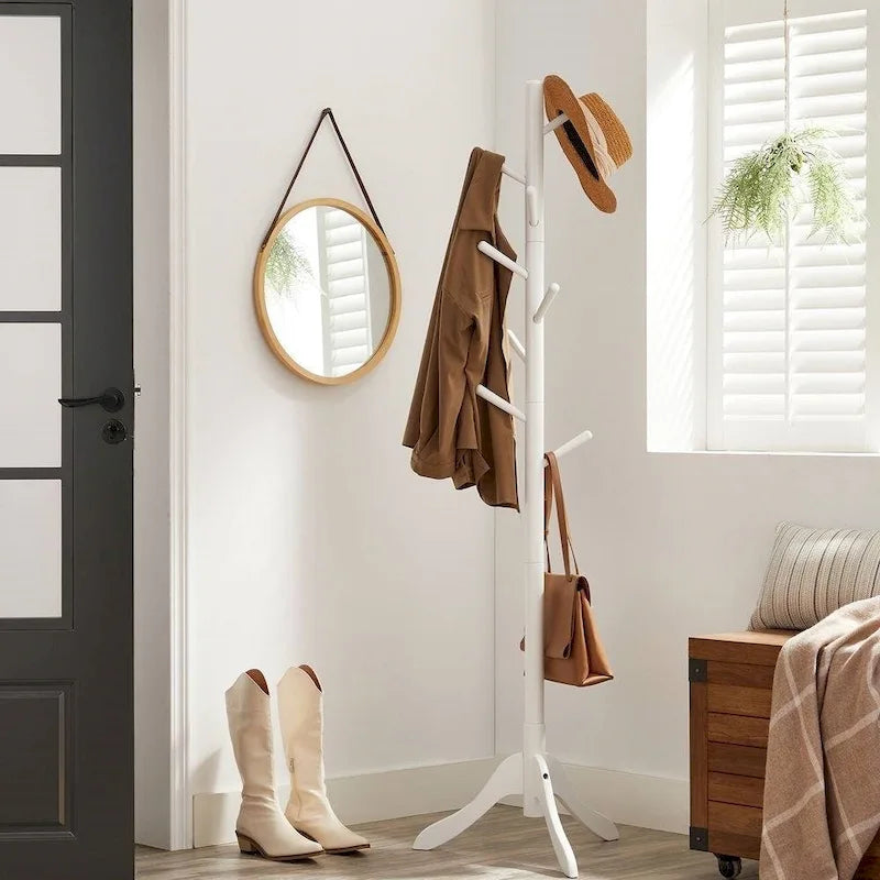 Solid Wood Coat Rack with 8 Hooks, 3-Section Adjustable Height