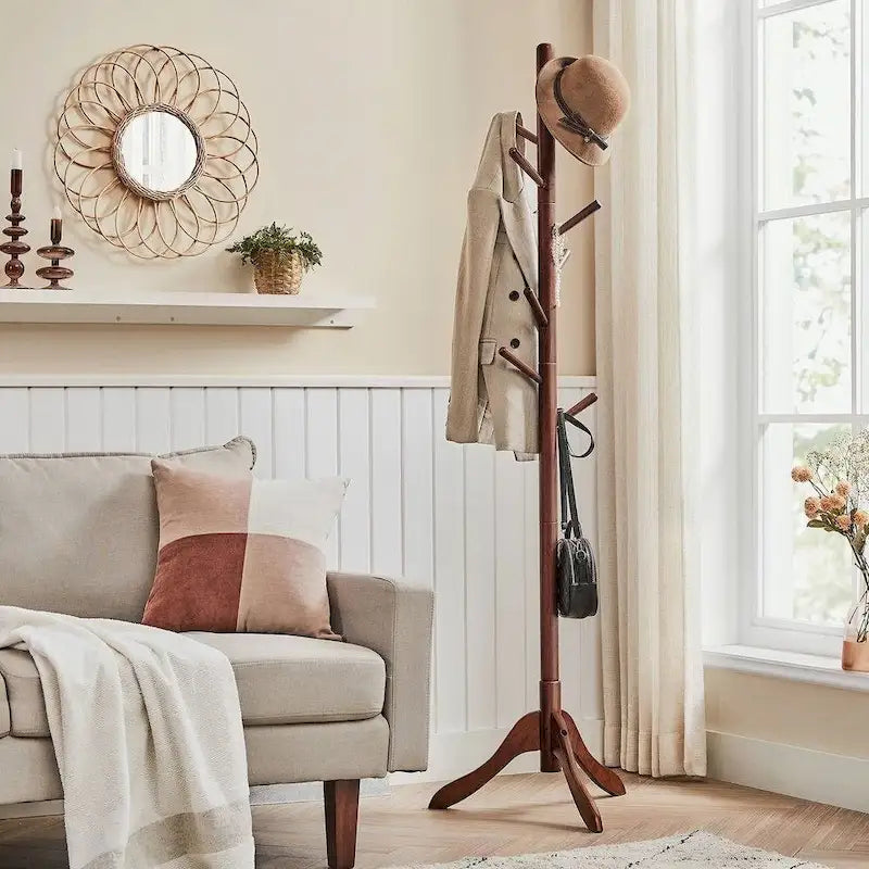 Solid Wood Coat Rack with 8 Hooks, 3-Section Adjustable Height