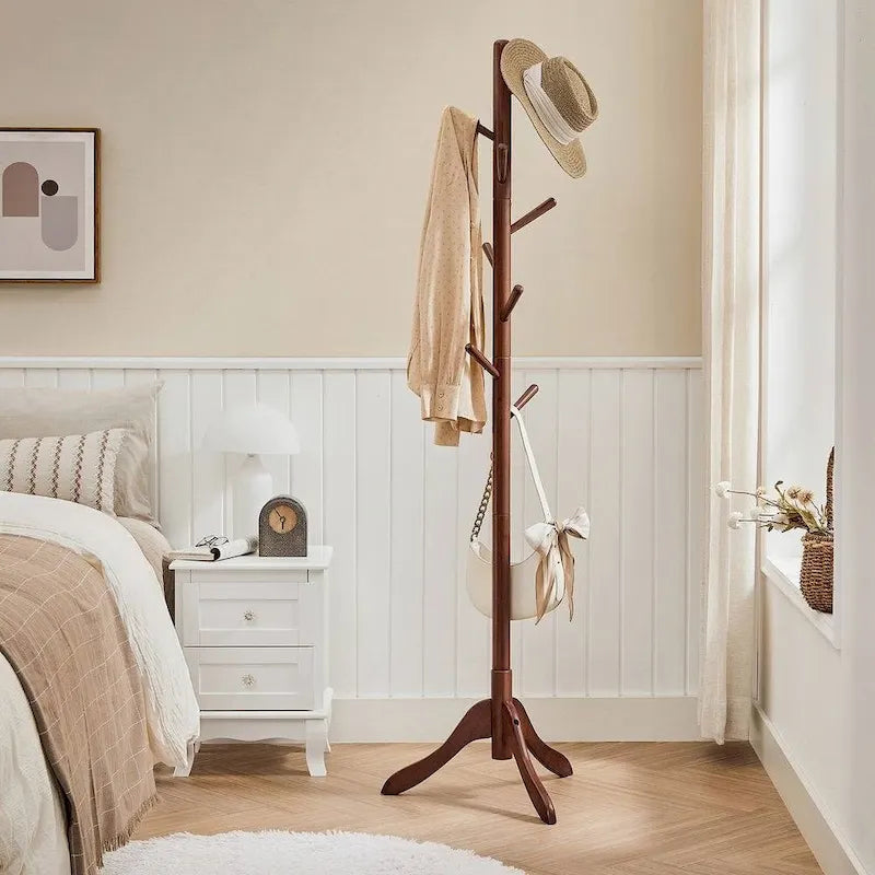 Solid Wood Coat Rack with 8 Hooks, 3-Section Adjustable Height