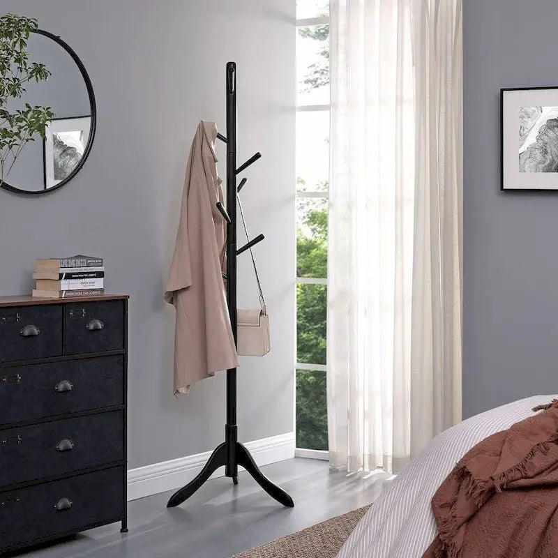 Solid Wood Coat Rack with 8 Hooks, 3-Section Adjustable Height