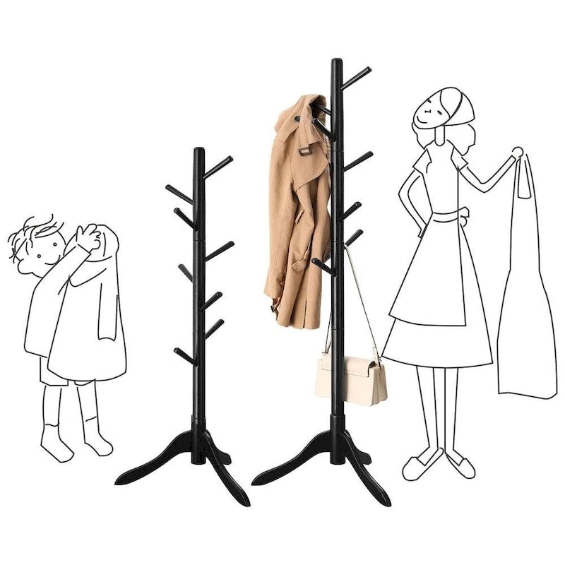 Solid Wood Coat Rack with 8 Hooks, 3-Section Adjustable Height