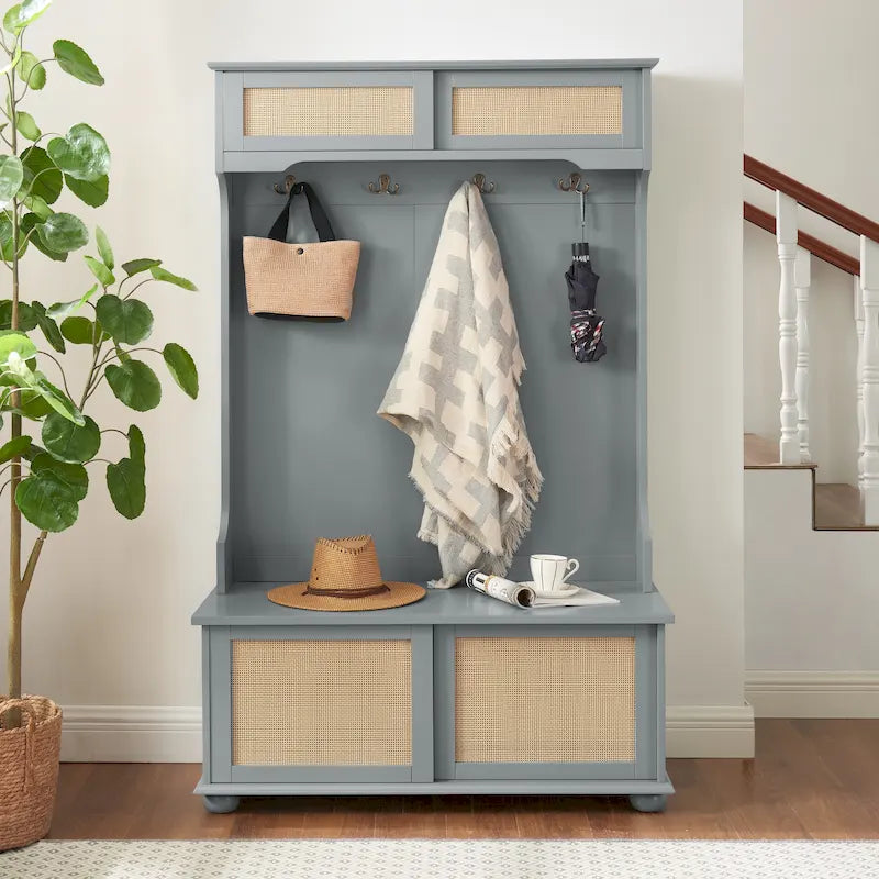 Entryway Hall Tree with Rattan Door and Shoe Cabinets