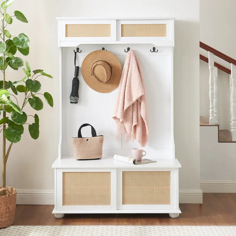 Entryway Hall Tree with Rattan Door and Shoe Cabinets