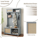Entryway Hall Tree with Rattan Door and Shoe Cabinets