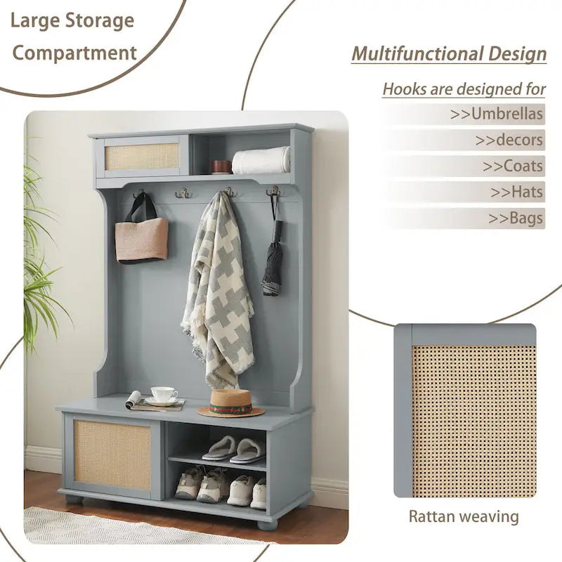 Entryway Hall Tree with Rattan Door and Shoe Cabinets