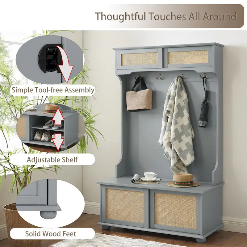 Entryway Hall Tree with Rattan Door and Shoe Cabinets