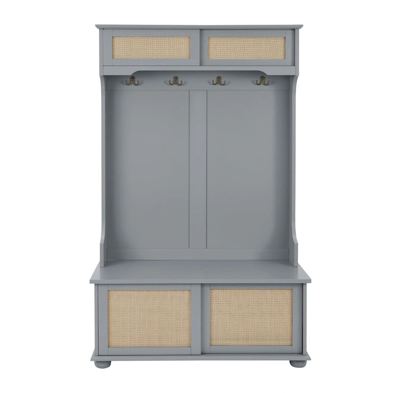 Entryway Hall Tree with Rattan Door and Shoe Cabinets