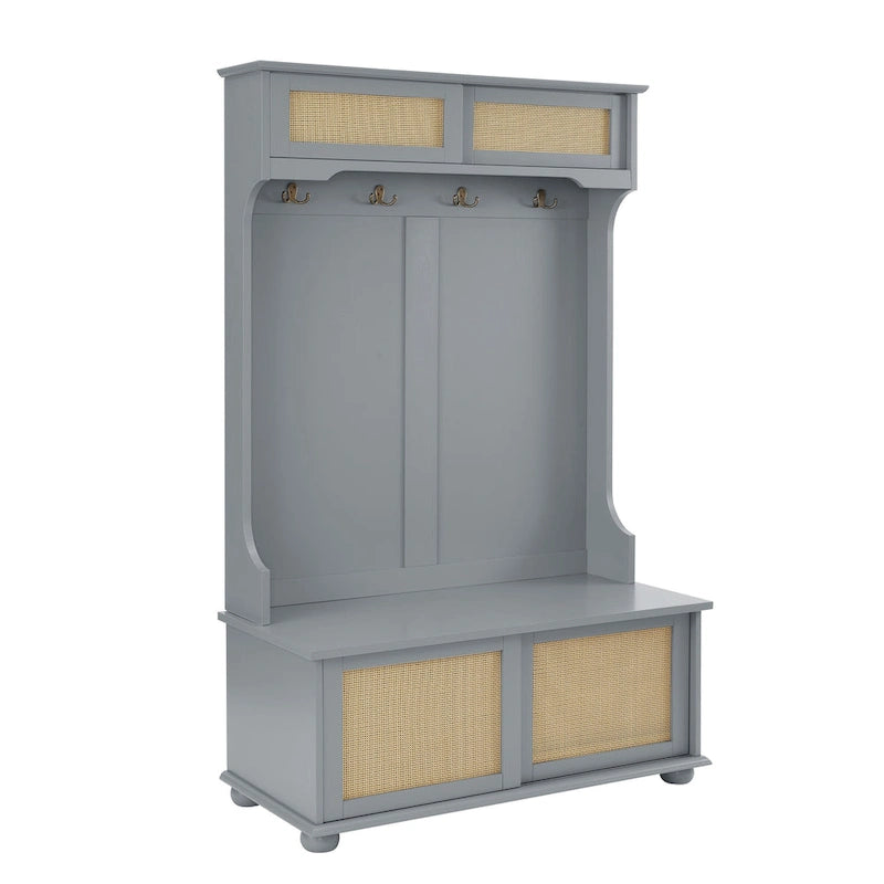 Entryway Hall Tree with Rattan Door and Shoe Cabinets