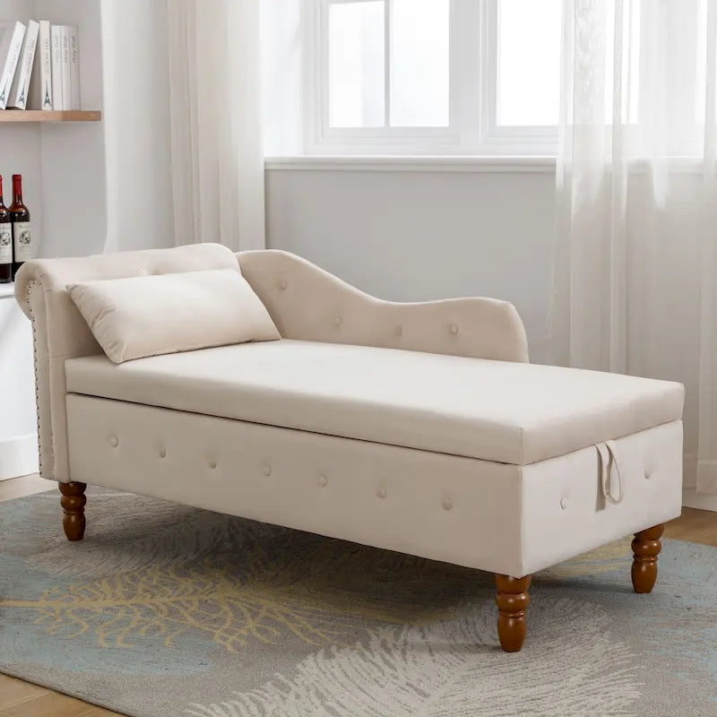 Velvet Chaise Lounge with Storage and Pillow