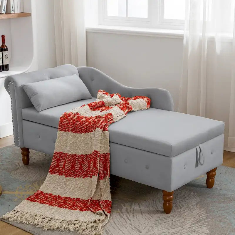 Velvet Chaise Lounge with Storage and Pillow