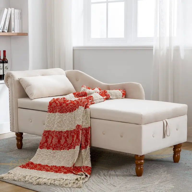 Velvet Chaise Lounge with Storage and Pillow