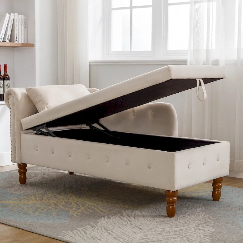 Velvet Chaise Lounge with Storage and Pillow