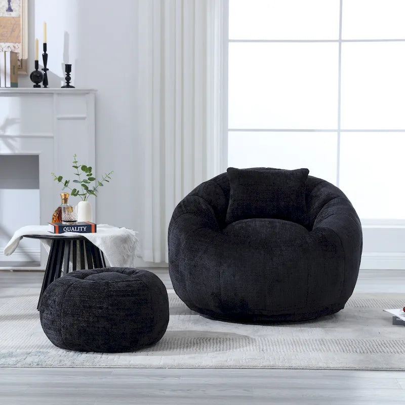 Chenille Upholstered Round Bean Bag Chair with Ottoman