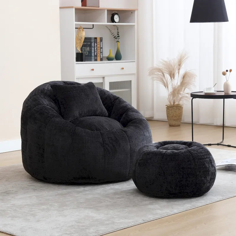 Chenille Upholstered Round Bean Bag Chair with Ottoman
