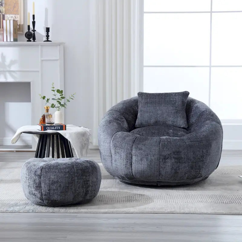 Chenille Upholstered Round Bean Bag Chair with Ottoman