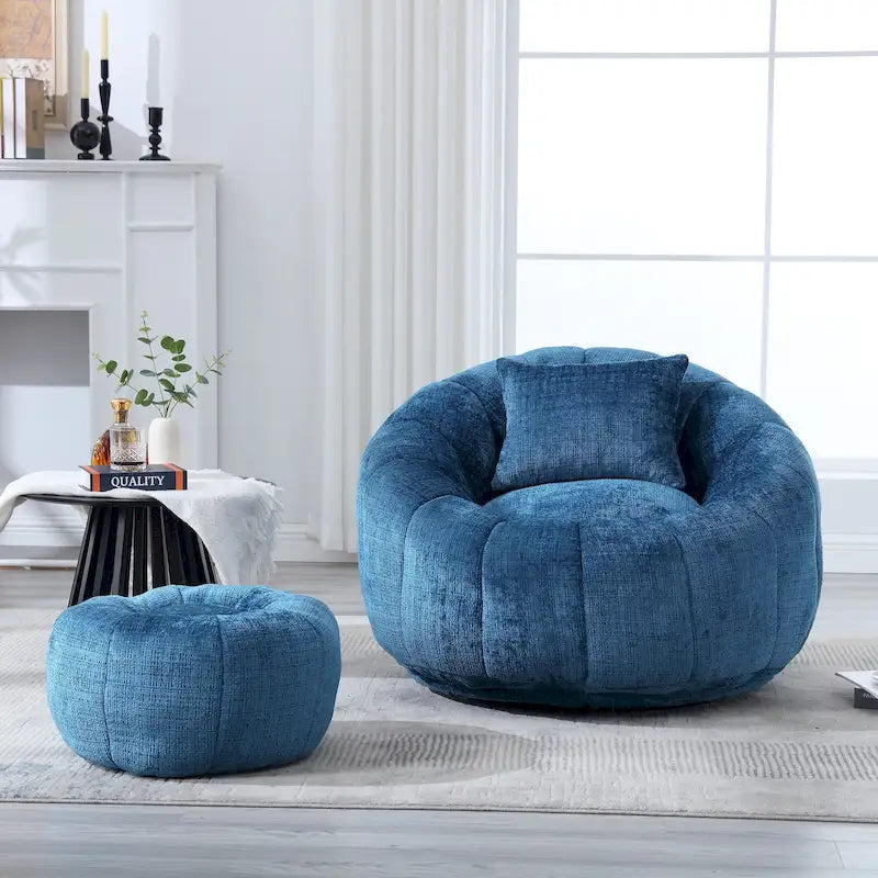 Chenille Upholstered Round Bean Bag Chair with Ottoman