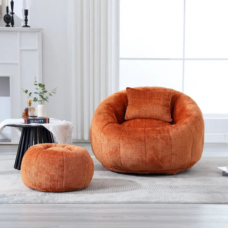 Chenille Upholstered Round Bean Bag Chair with Ottoman
