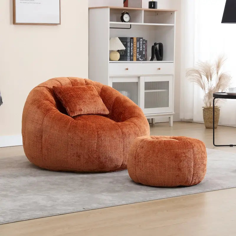 Chenille Upholstered Round Bean Bag Chair with Ottoman