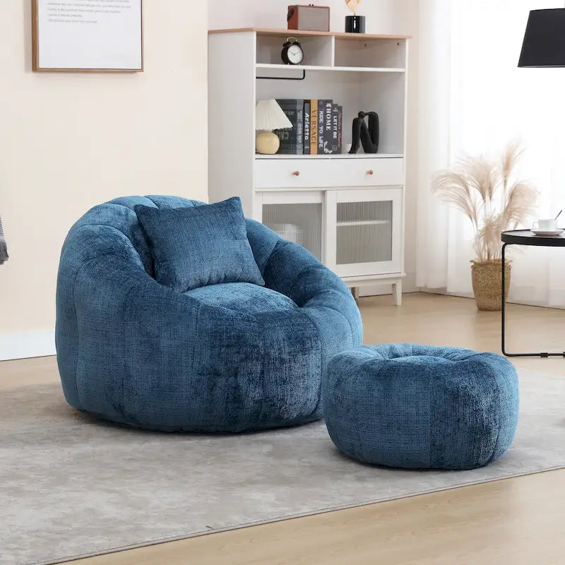 Chenille Upholstered Round Bean Bag Chair with Ottoman