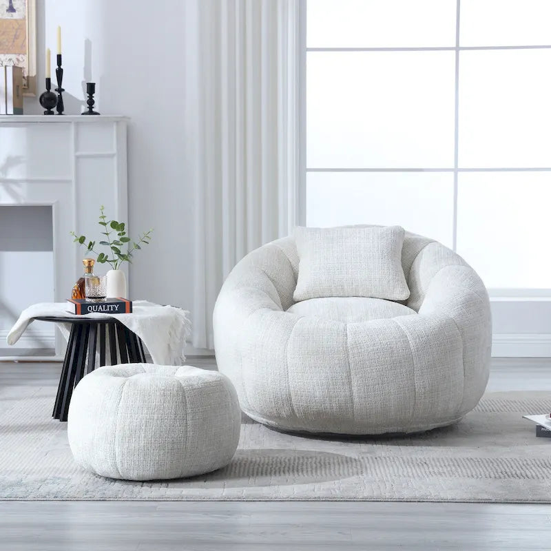 Chenille Upholstered Round Bean Bag Chair with Ottoman