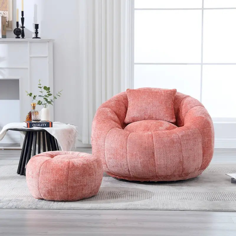 Chenille Upholstered Round Bean Bag Chair with Ottoman