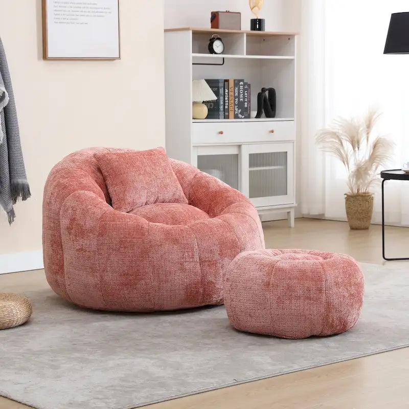 Chenille Upholstered Round Bean Bag Chair with Ottoman