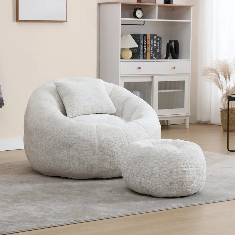 Chenille Upholstered Round Bean Bag Chair with Ottoman