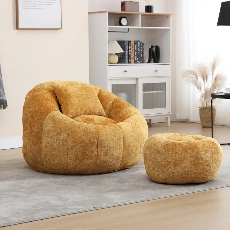 Chenille Upholstered Round Bean Bag Chair with Ottoman