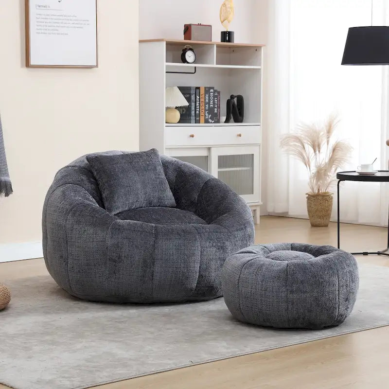 Chenille Upholstered Round Bean Bag Chair with Ottoman