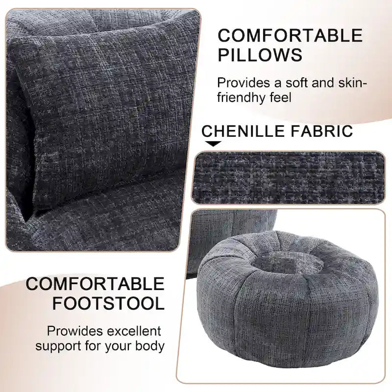 Chenille Upholstered Round Bean Bag Chair with Ottoman