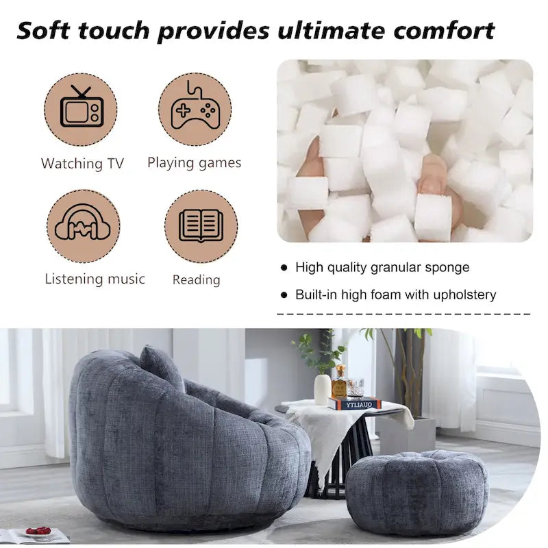Chenille Upholstered Round Bean Bag Chair with Ottoman