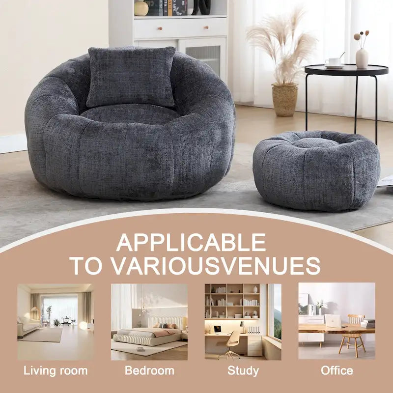 Chenille Upholstered Round Bean Bag Chair with Ottoman