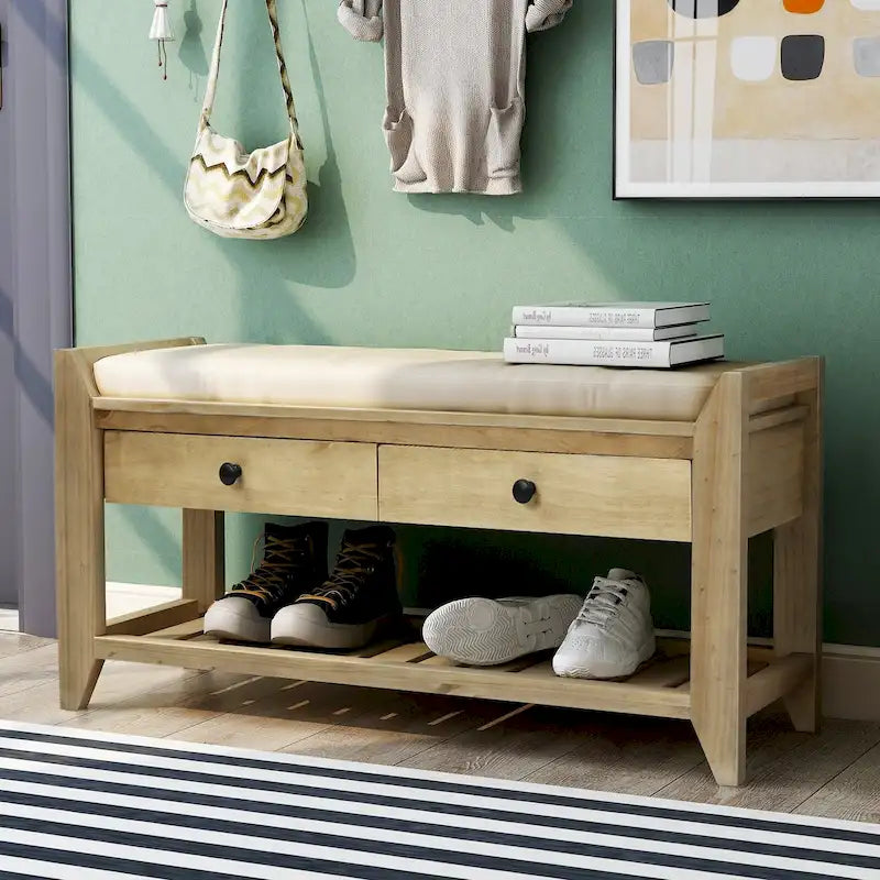 Entryway Storage Bench with Drawers and Shoe Rack