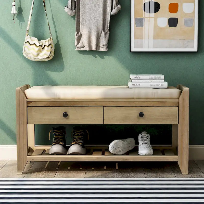 Entryway Storage Bench with Drawers and Shoe Rack