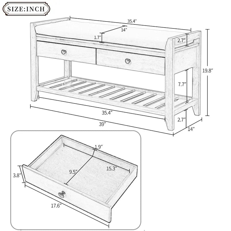 Entryway Storage Bench with Drawers and Shoe Rack