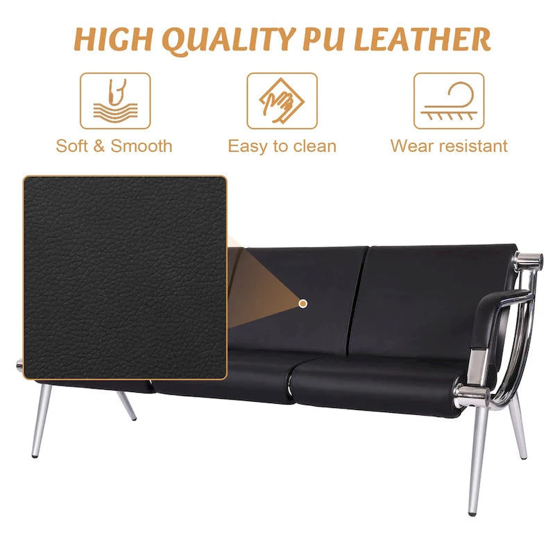 3-Seat Waiting Room Chair with PU Leather and Armrests