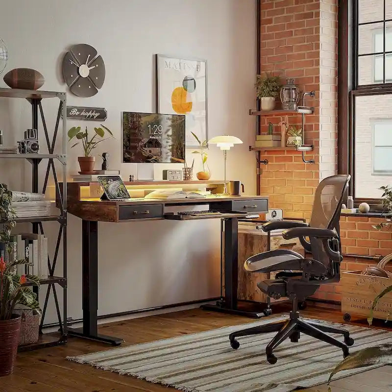 Height Adjustable Electric Standing Desk with Double Drawers, Keyboard Tray and LED Strips