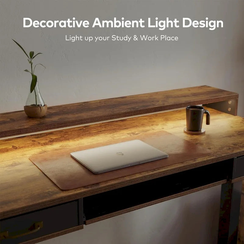 Height Adjustable Electric Standing Desk with Double Drawers, Keyboard Tray and LED Strips