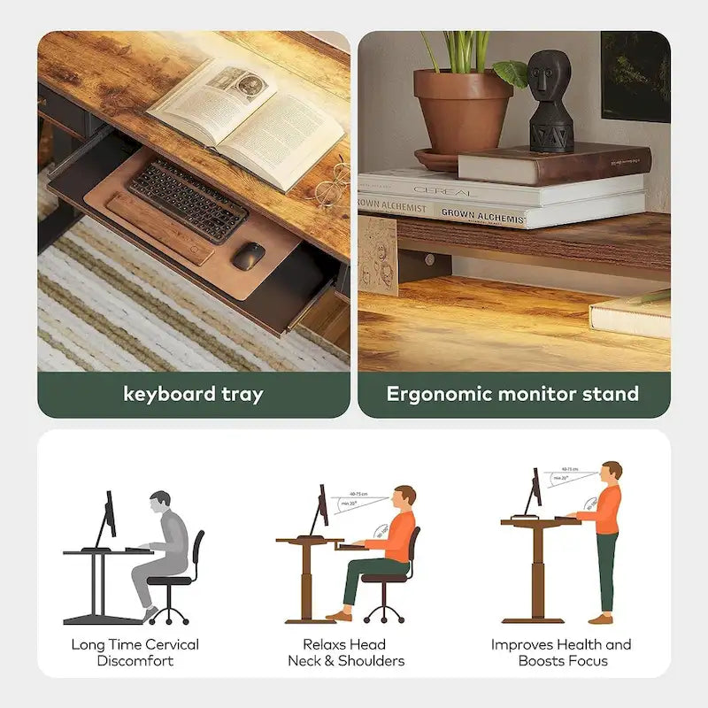 Height Adjustable Electric Standing Desk with Double Drawers, Keyboard Tray and LED Strips